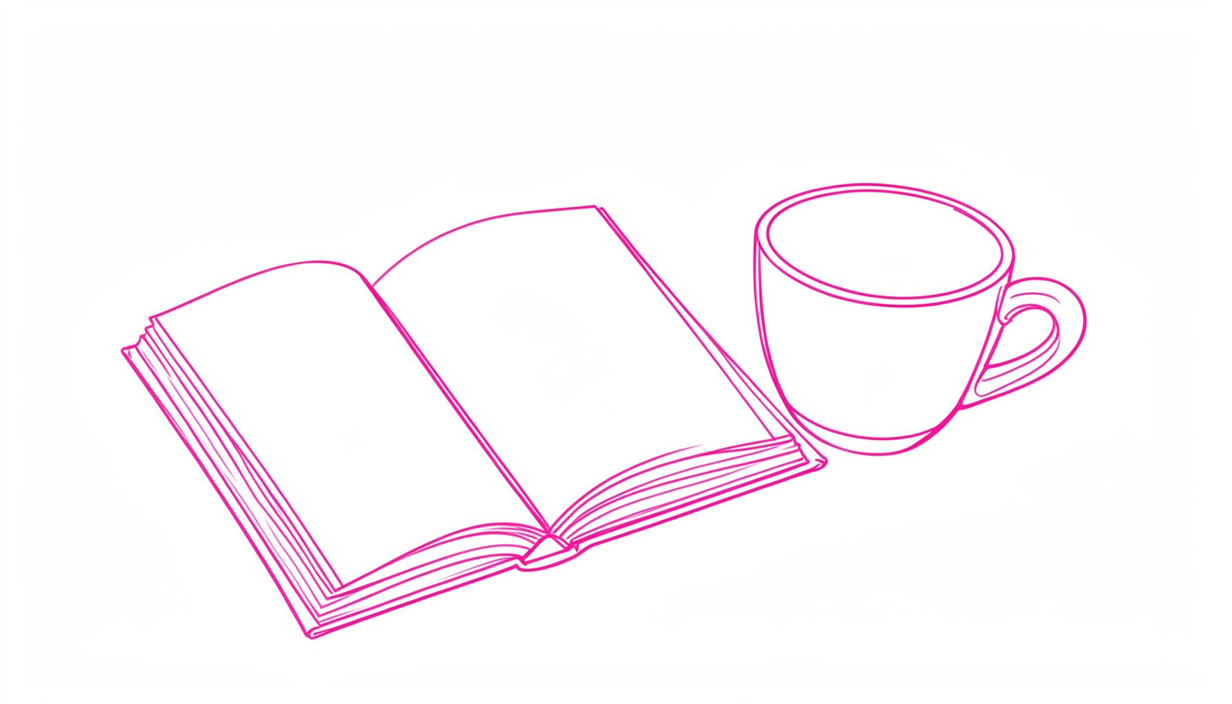 Dibujo de línea simple de un cuaderno abierto junto a una taza, en tonos berenjena, blanco y gris suave, con aire tranquilo y ordenado