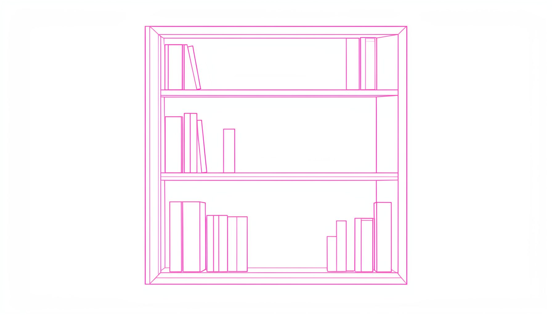 Dibujo de línea minimalista de una estantería con libros delgados, en tonos rosa pálido y gris, estilo sereno y limpio